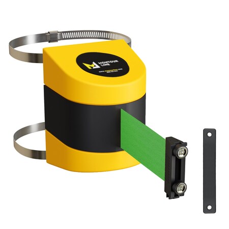 Montour Line Retractable Belt Barrier Yellow Clamped Mount, 30ft. Green Belt (M) PWM300-YW-GN-C-M-300